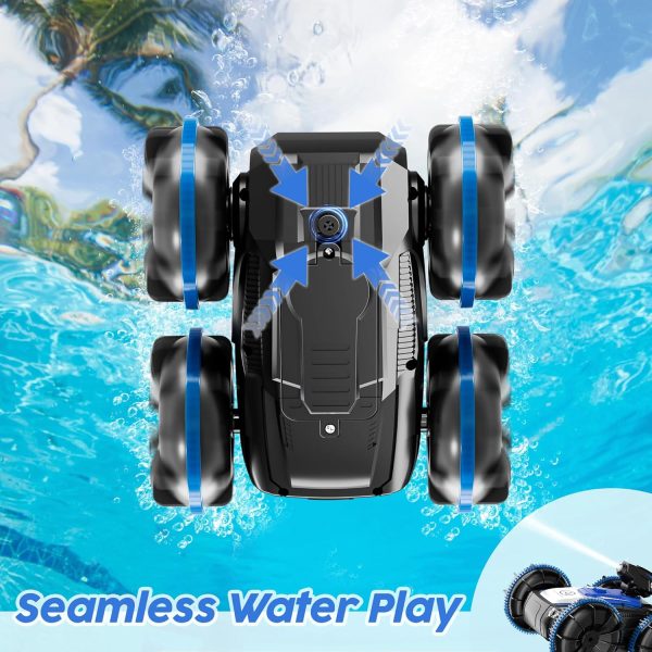 Amphibious Remote Control Car with Self-Priming Water Spray and 360° Stunt Rotation, Ideal Gift for Boys and Girls, Equipped with 2 Rechargeable Batteries for Pool & Land Play, Blue - Image 6