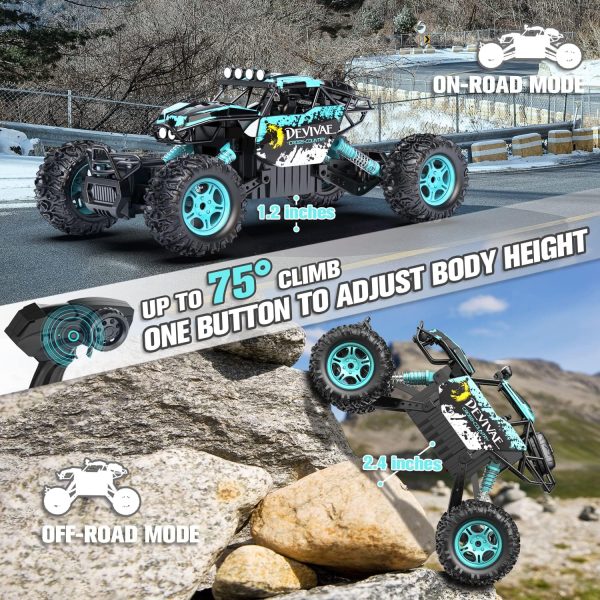 CROBOLL 1:12 Large Remote Control Car for Boys Kids with Lifting Function,4WD RC Cars Electric Monster Truck Toy Gifts 4X4 Off-Road RC Rock Crawler 2.4GHz All Terrain RC Truck with 2 Batteries(Cyan) - Image 5