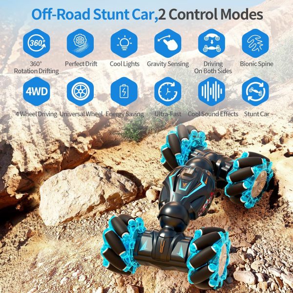 Deejoy 1:12 RC Stunt Car, 2.4GHz 4WD Remote Control Gesture Sensor Toy Cars, Double Sided Rotating Off Road Vehicle 360° Flips with Lights Music, for Boys & Girls Birthday - Image 6