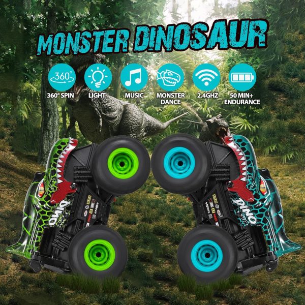 Remote Control Car, 2.4Ghz All Terrain Dinosaur Monster Truck Toys, RC Truck with Music, 3 Lighting Effects, 360 Stunt Capable, All Included Ready to Run, Toy Gifts for Boys and Girls (Cyan) - Image 4