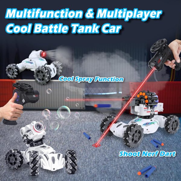 4 Head RC Tank Cars That Shoots Nerf Bullets, Bubble, Spray, Nerf Tank Remote Control Car for Boys 6 7 8 9 10 11 12 Year Old, RC Stunt Car Chase Light Control, LED Light, Music, Kids Toy Gift - Image 6