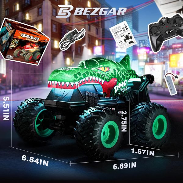 BEZGAR Monster Truck Toys - Remote Control Monster Truck with Light & Music, Dinosaur Toys for Kids, 1:20 Scale RC Truck with 360° Spins and Drifting, Remote Control Car for Boys 4-7 - Image 7