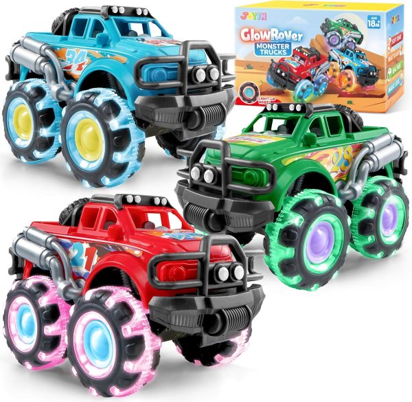 3Pack Monster Truck Toy - Toy Truck with Flashing LED Wheels - Light-Up Cars for Toddlers - Birthday Gift for Boys Girls - Friction-Powered - Image 2