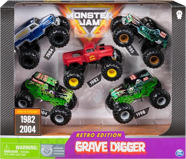 Monster Jam Grave Digger Monster Truck 5pc Value Pack: 1:64 Scale Retro Die-Cast Gift Set with Iconic Models (1982-2005) Chrome Rims and BKT Tires - Authentic Collectible for Fans & Birthday Parties - Image 2