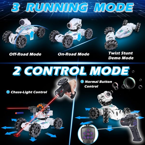 4 Head RC Tank Cars That Shoots Nerf Bullets, Bubble, Spray, Nerf Tank Remote Control Car for Boys 6 7 8 9 10 11 12 Year Old, RC Stunt Car Chase Light Control, LED Light, Music, Kids Toy Gift - Image 4