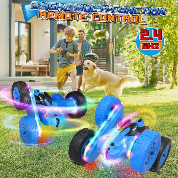 Remote Control Car,RC Cars with Sides Light Strip and Headlights,Double Sided 360 Flips Rotating RC Stunt Car,2.4Ghz All Terrain Toys for Ages 4-6 Kids Toy for Boys Girls Birthday Gift(Blue) - Image 6