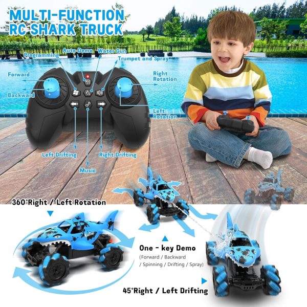 1:14 Shark Toy with Water Shooting Spray, Programming Remote Control Shark, Slides, 360-degree Rotations, Drifts, One-key Demo, Features Lights & Sounds, All Terrains Monster Truck for boys 5-7(Blue) - Image 5