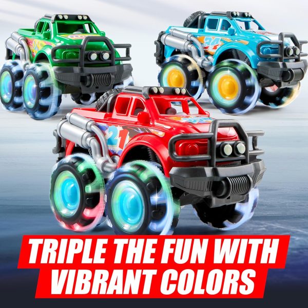 3Pack Monster Truck Toy - Toy Truck with Flashing LED Wheels - Light-Up Cars for Toddlers - Birthday Gift for Boys Girls - Friction-Powered - Image 5