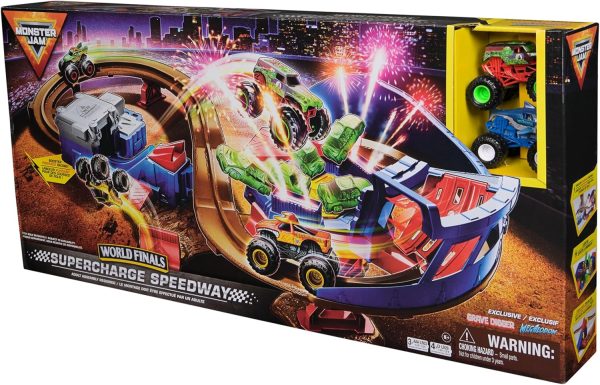 Monster Jam, Supercharge Speedway Playset, Megalodon and El Toro Loco Die-Cast Monster Trucks, Light Up World Finals Track Kids Toys for Boys Ages 3+ - Image 9