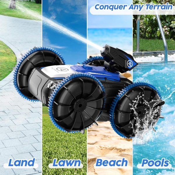 Amphibious Remote Control Car with Self-Priming Water Spray and 360° Stunt Rotation, Ideal Gift for Boys and Girls, Equipped with 2 Rechargeable Batteries for Pool & Land Play, Blue - Image 3