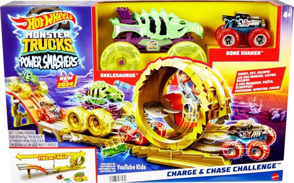 Hot Wheels Monster Trucks Track Set & 2 Toy Trucks: Oversized Skelesaurus & 1:64 Scale Bone Shaker, Race & Chase Challenge with 2 Crushed Cars - Image 7